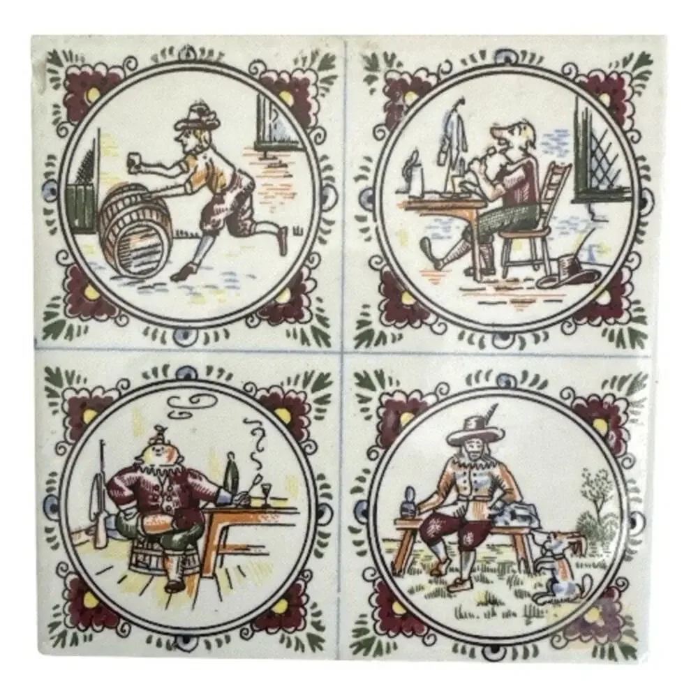 Set of 3 Vintage Delft Hand Painted Unique Colorful 6” Ceramic Tiles